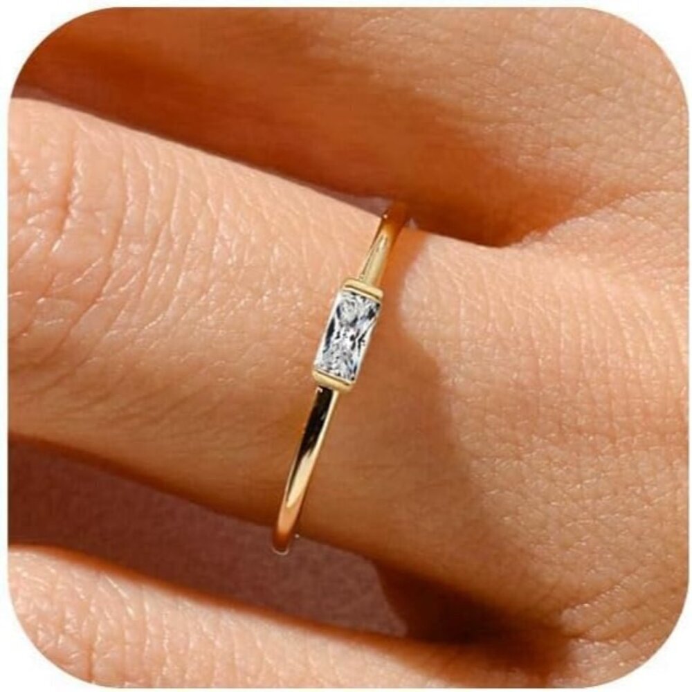 Women White/gold Non Tarnish Dainty 14k Gold Plated Baguette Emerald Stone Ring